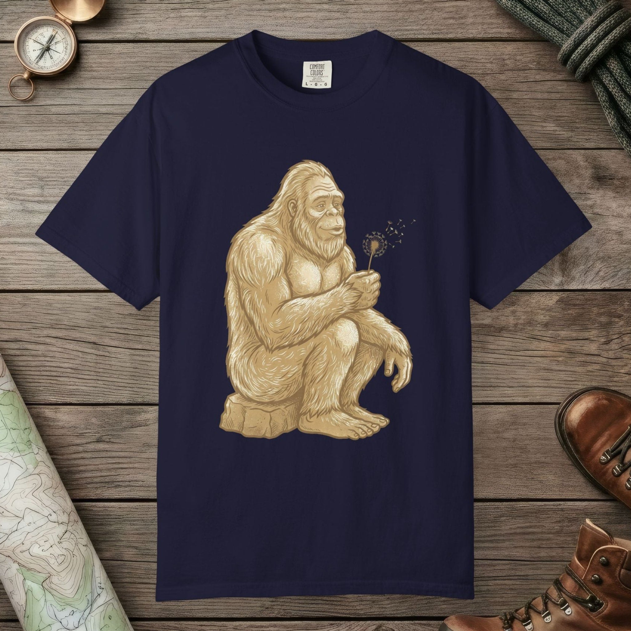 True Navy color unisex graphic t-shirt with "Bigfoot Wishes" design