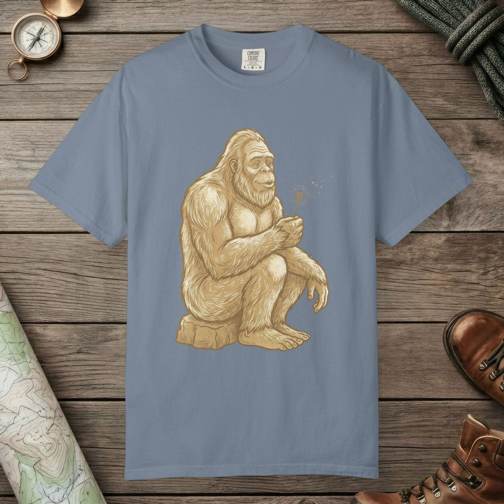 Blue Jean color unisex graphic t-shirt with "Bigfoot Wishes" design