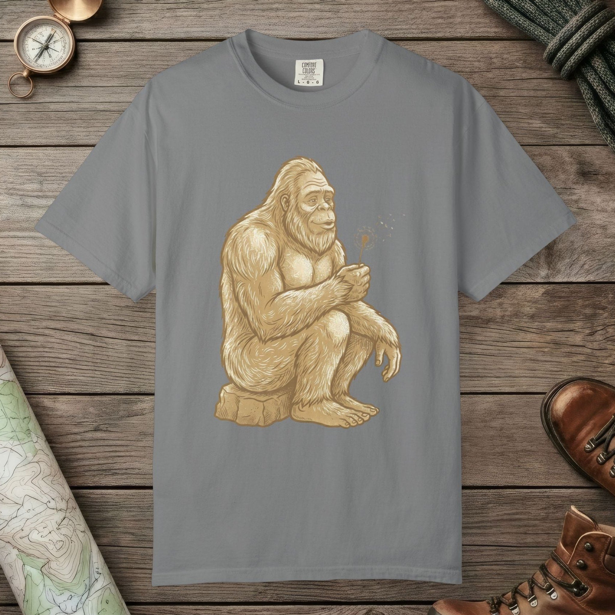 Grey color unisex graphic t-shirt with "Bigfoot Wishes" design