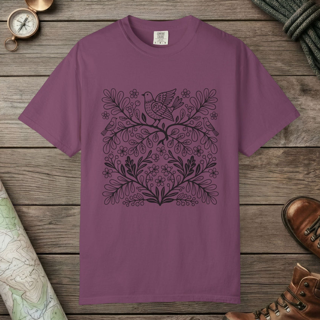 Berry color unisex graphic t-shirt with "Birds & Flowers" design