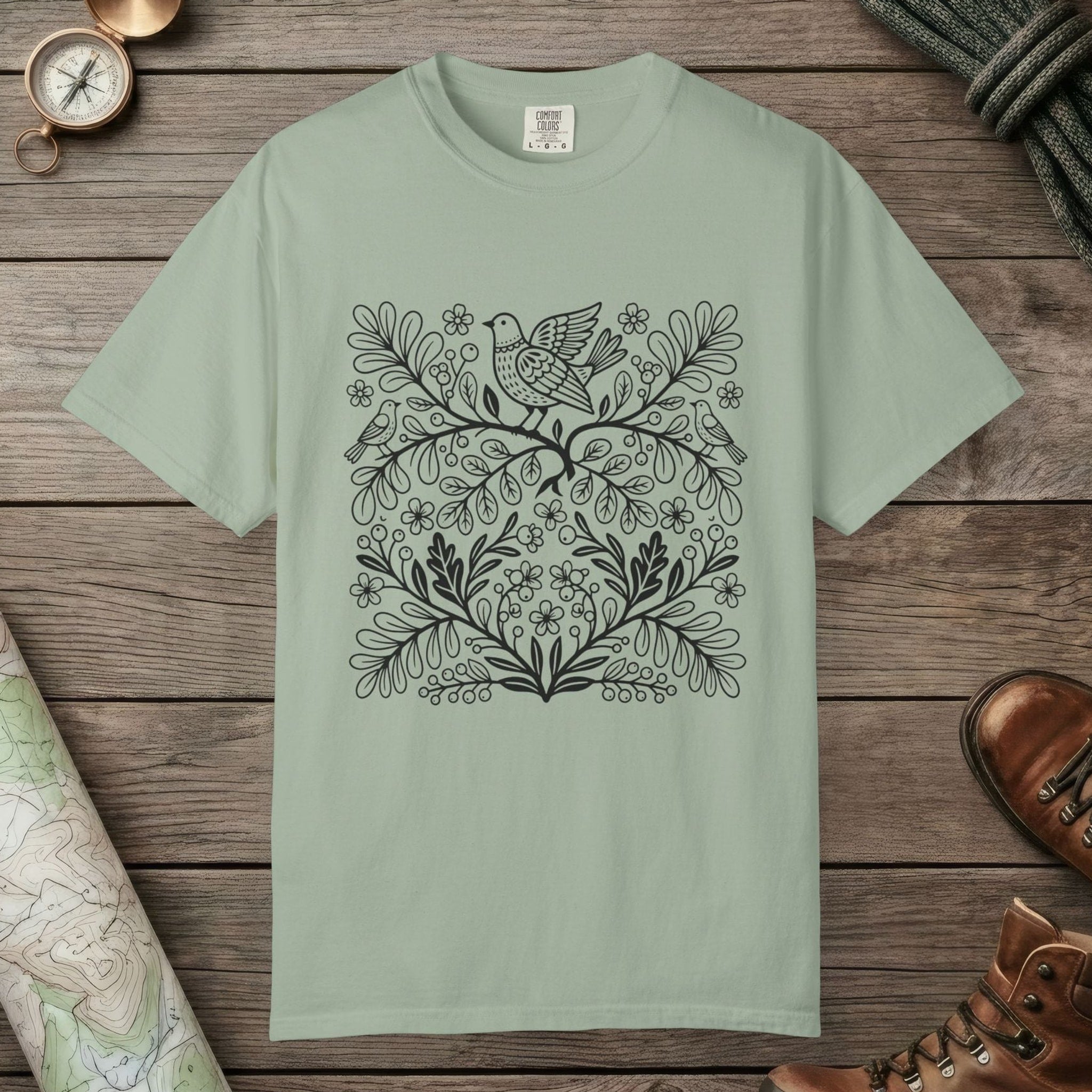 Bay color unisex graphic t-shirt with "Birds & Flowers" design
