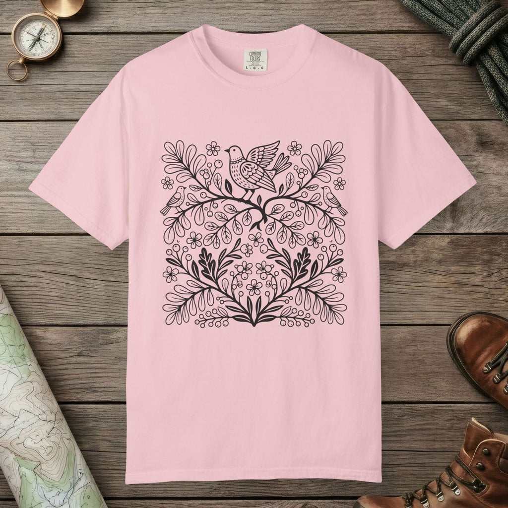 Blossom color unisex graphic t-shirt with "Birds & Flowers" design
