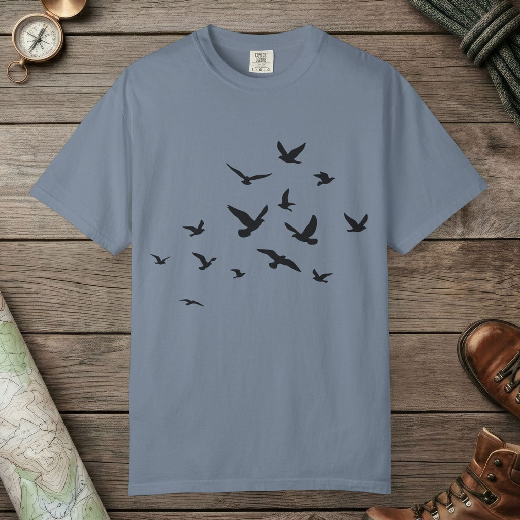 Blue Jean color unisex graphic t-shirt with "Birds in Flight" design