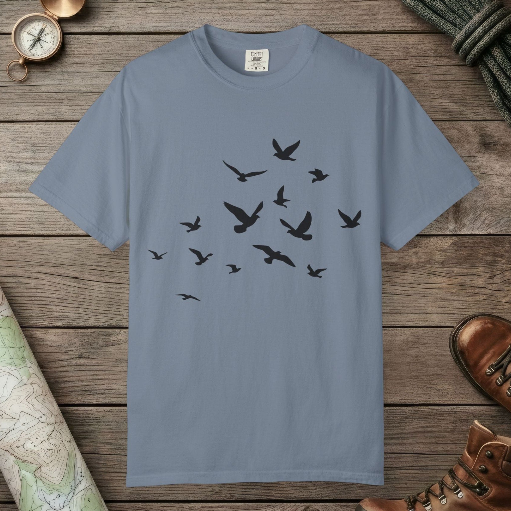 Blue Jean color unisex graphic t-shirt with "Birds in Flight" design