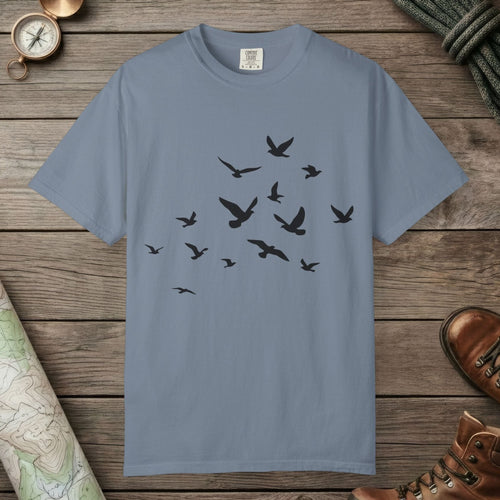 Blue Jean color unisex graphic t-shirt with "Birds in Flight" design
