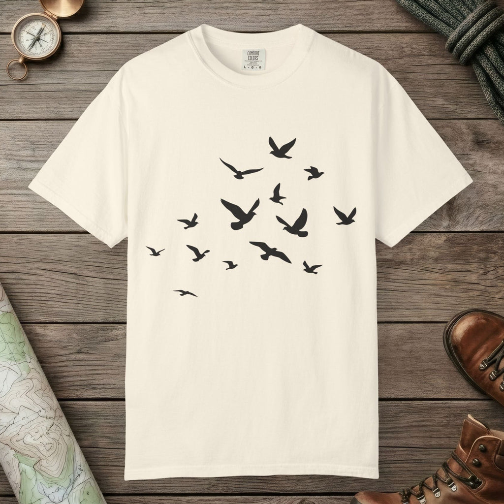 Ivory color unisex graphic t-shirt with "Birds in Flight" design