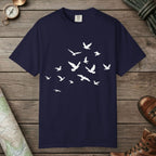 True Navy color unisex graphic t-shirt with "Birds in Flight" design