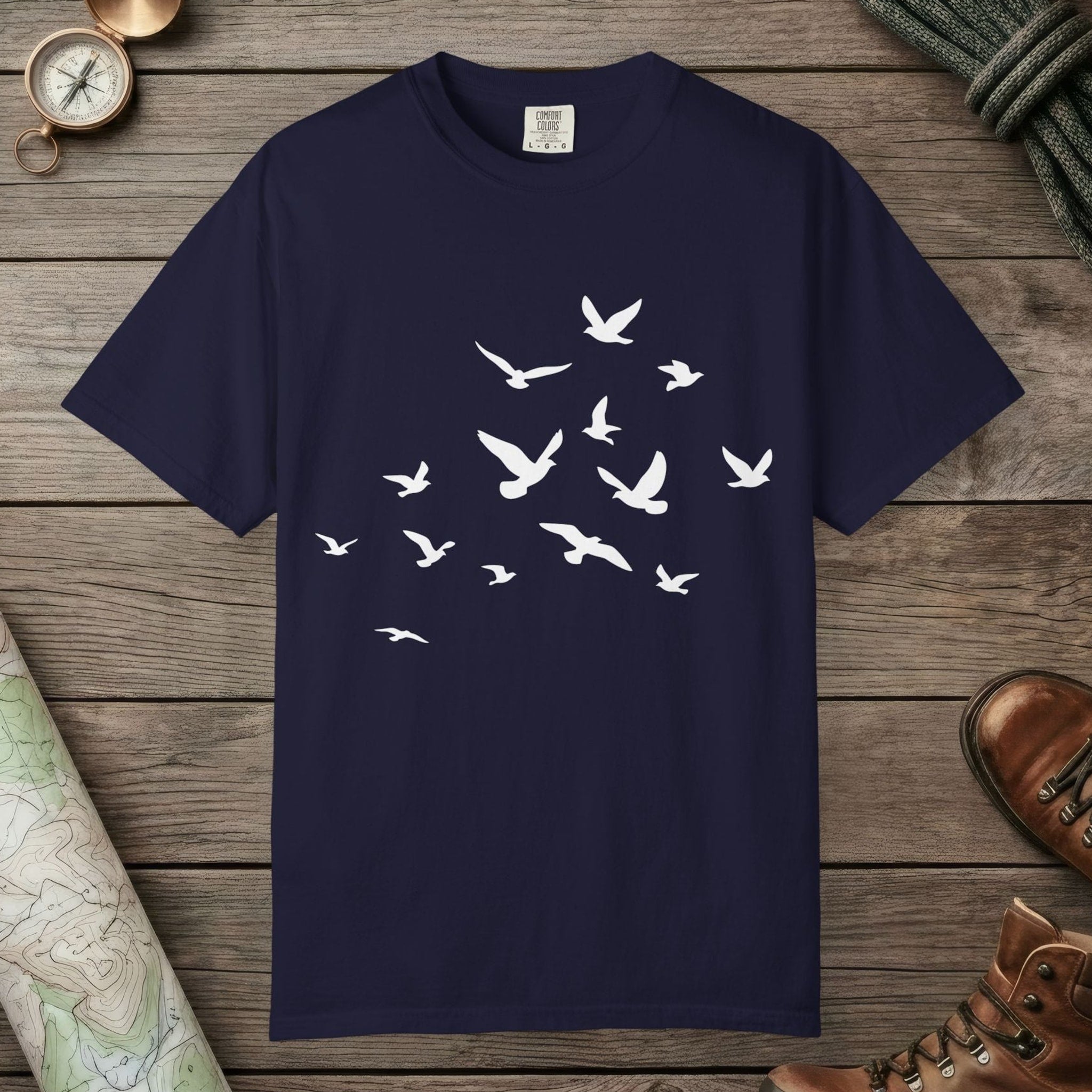 True Navy color unisex graphic t-shirt with "Birds in Flight" design