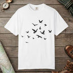 White color unisex graphic t-shirt with "Birds in Flight" design
