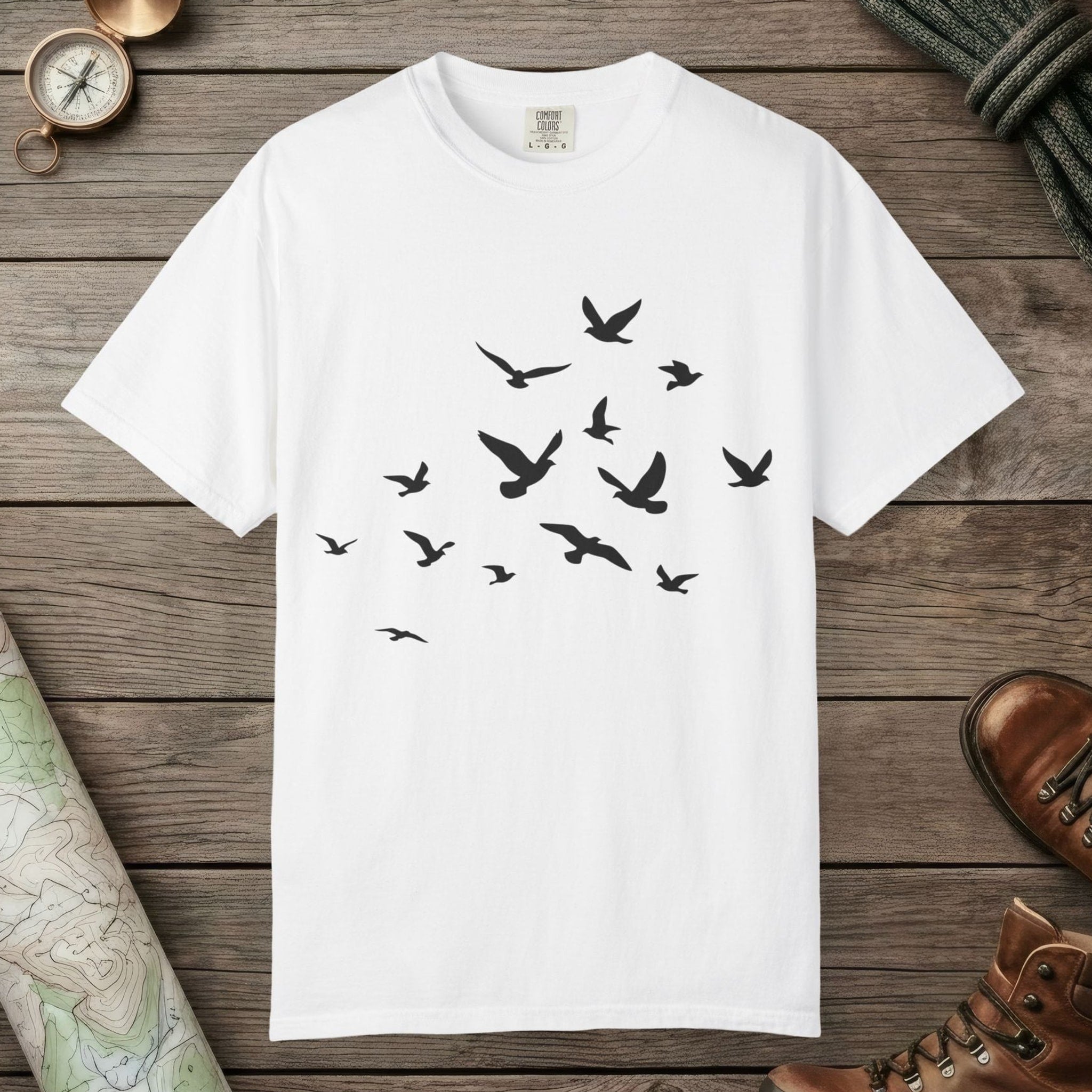 White color unisex graphic t-shirt with "Birds in Flight" design