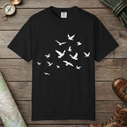 Black color unisex graphic t-shirt with "Birds in Flight" design
