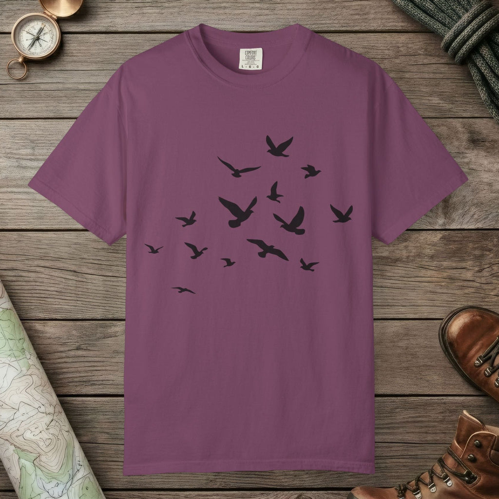 Berry color unisex graphic t-shirt with "Birds in Flight" design