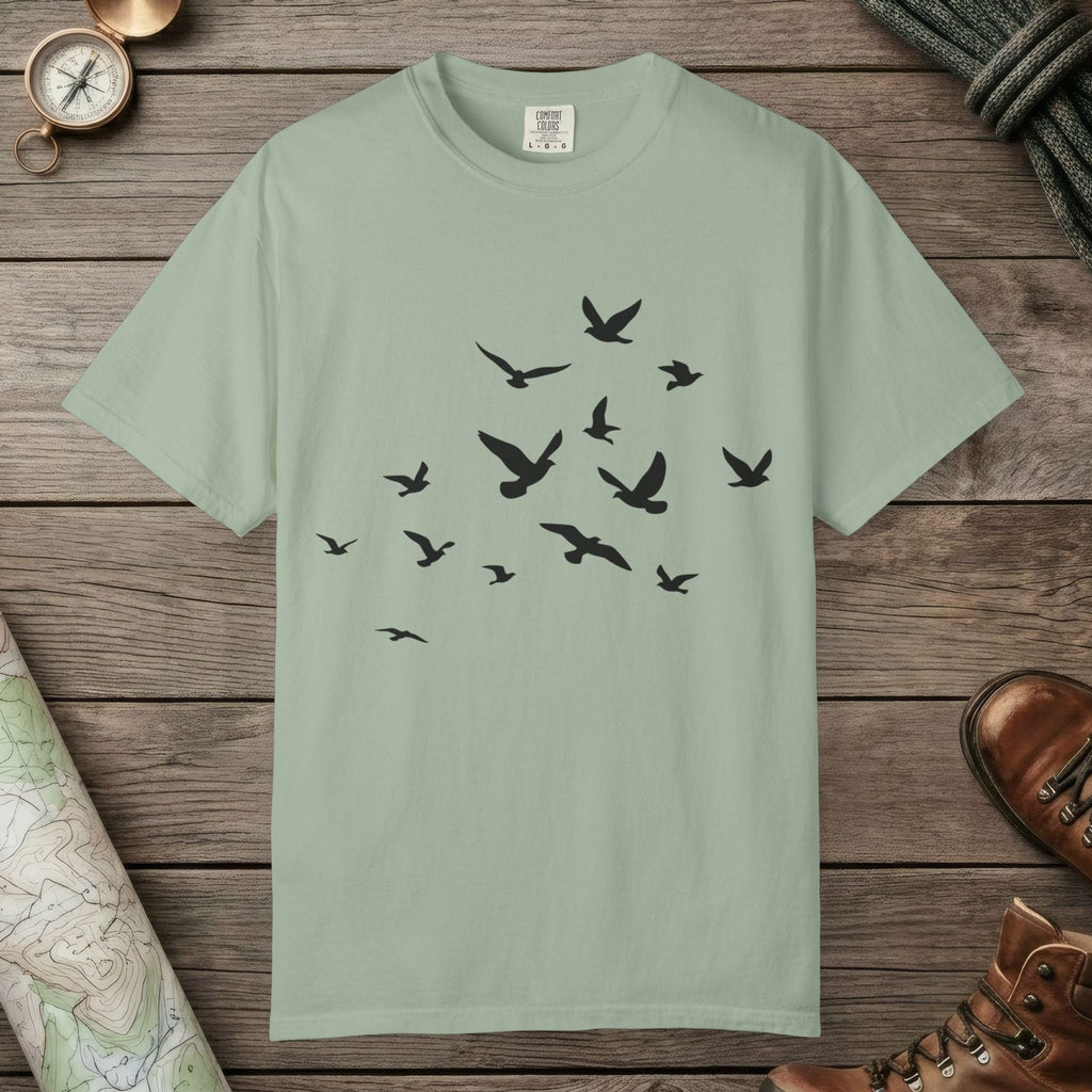 Bay color unisex graphic t-shirt with "Birds in Flight" design
