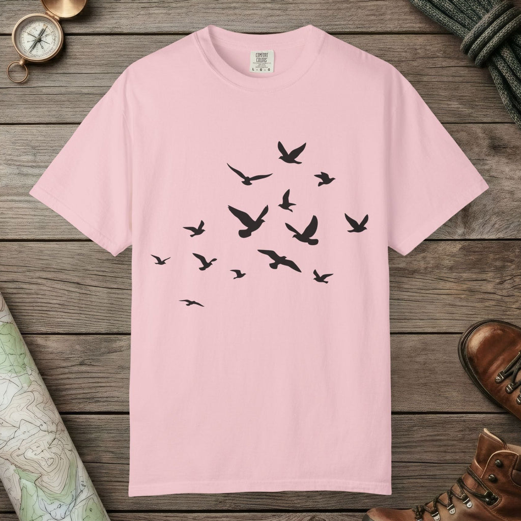 Blossom color unisex graphic t-shirt with "Birds in Flight" design