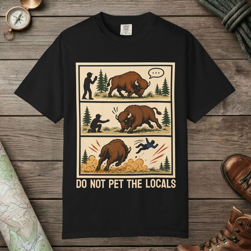 Black color unisex graphic t-shirt with "Bison Attack Comic" design
