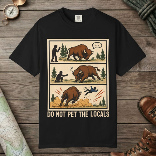 Black color unisex graphic t-shirt with "Bison Attack Comic" design