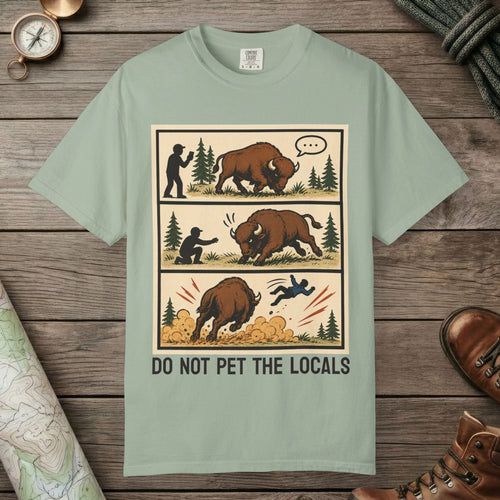 Bay color unisex graphic t-shirt with "Bison Attack Comic" design