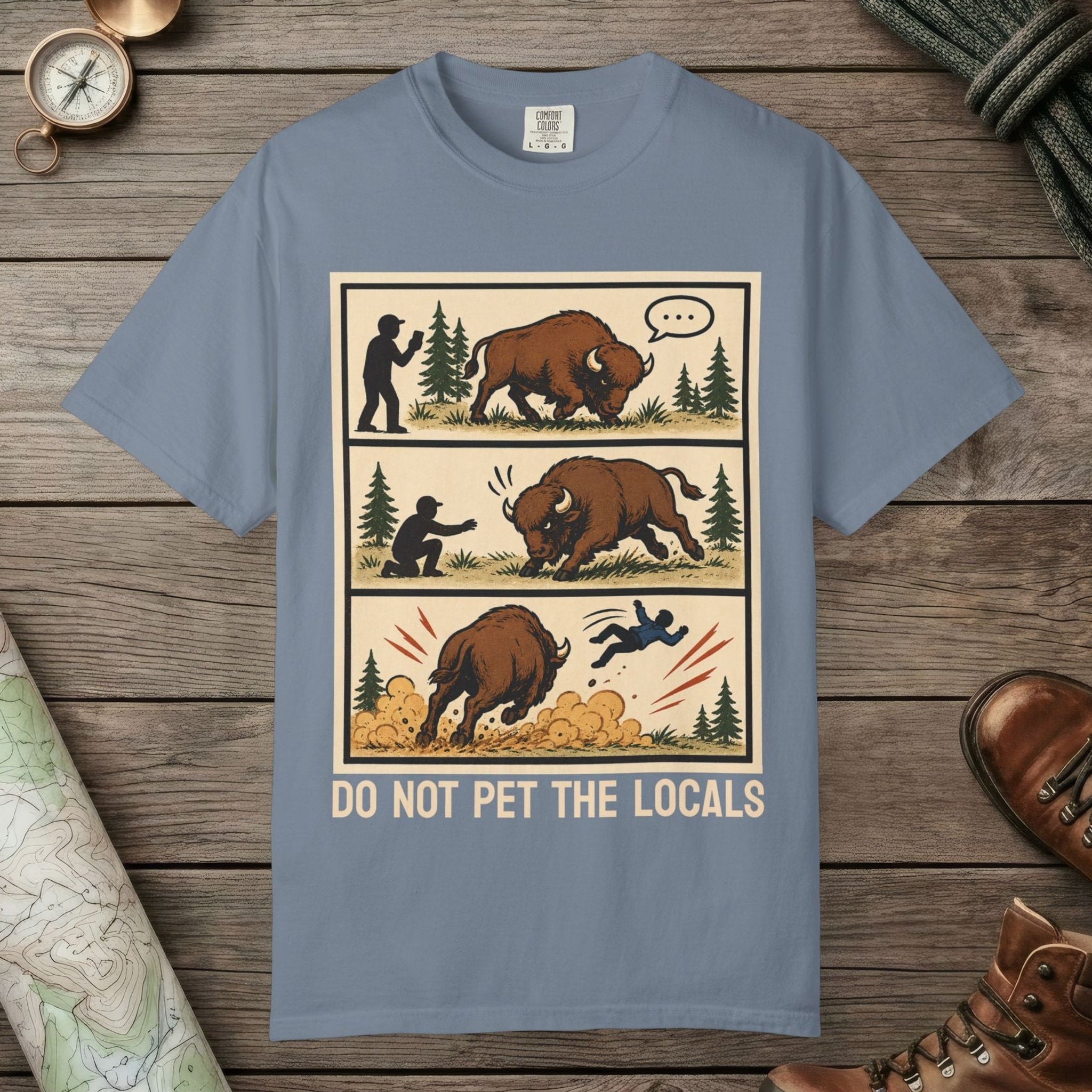 Blue Jean color unisex graphic t-shirt with "Bison Attack Comic" design