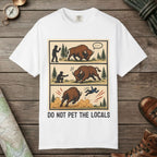 White color unisex graphic t-shirt with "Bison Attack Comic" design