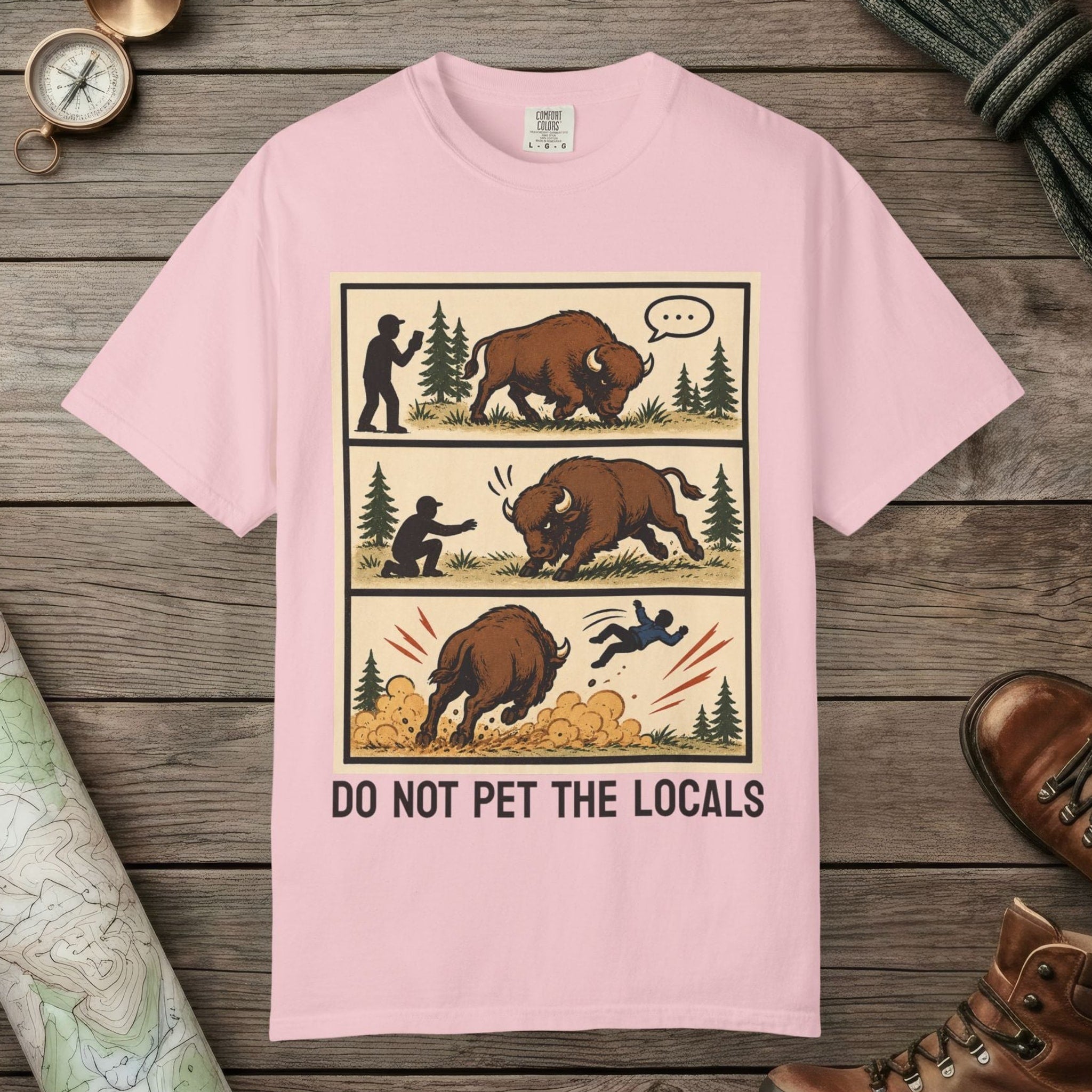 Blossom color unisex graphic t-shirt with "Bison Attack Comic" design