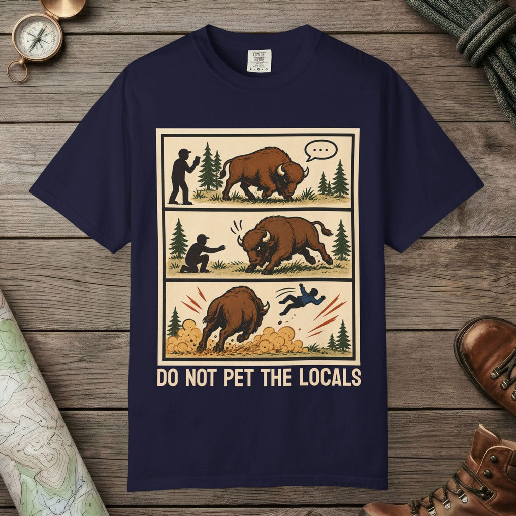 True Navy color unisex graphic t-shirt with "Bison Attack Comic" design