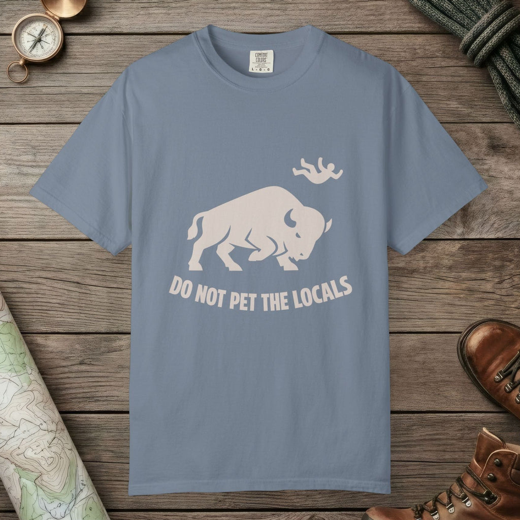 Blue Jean color unisex graphic t-shirt with "Bison Attack" design