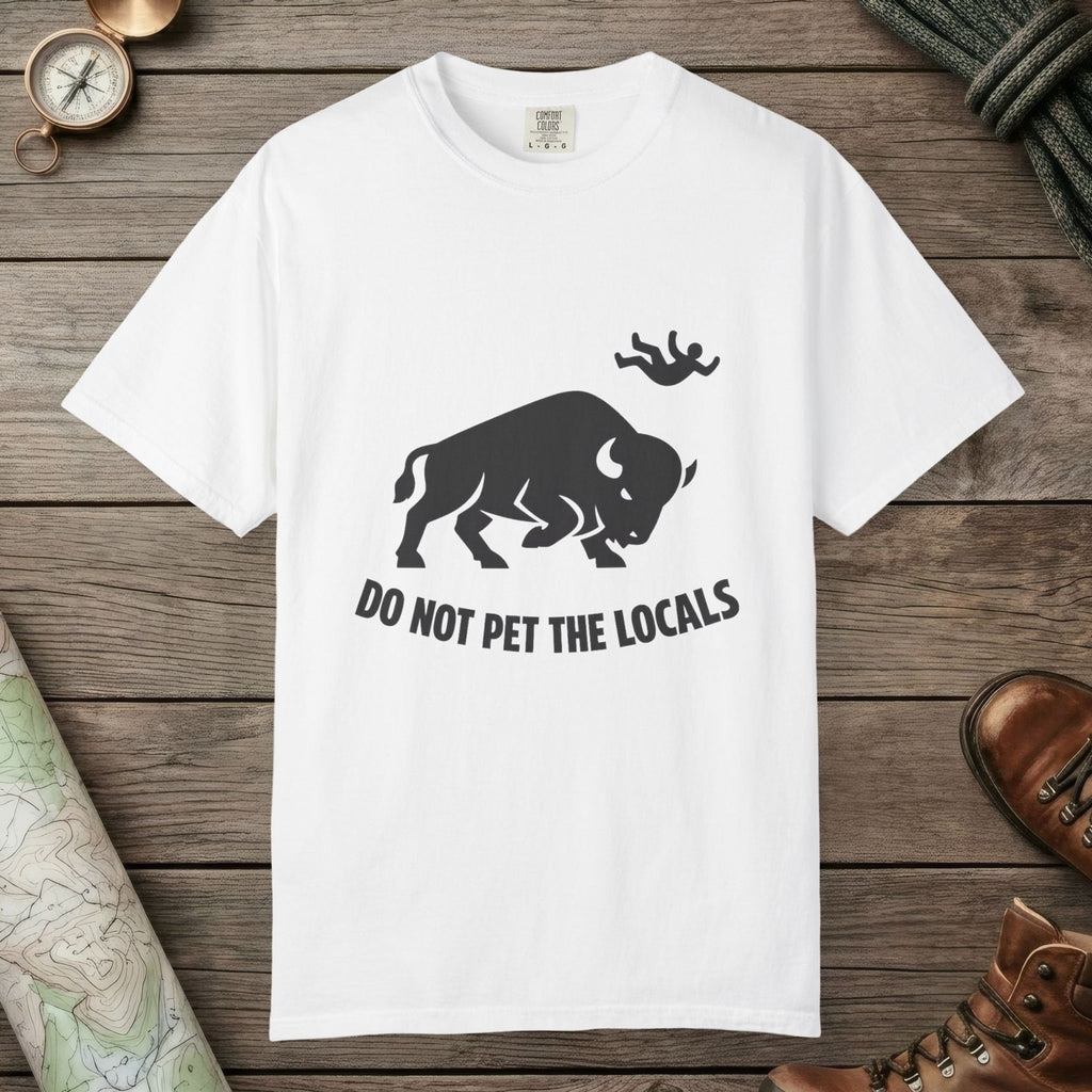 White color unisex graphic t-shirt with "Bison Attack" design