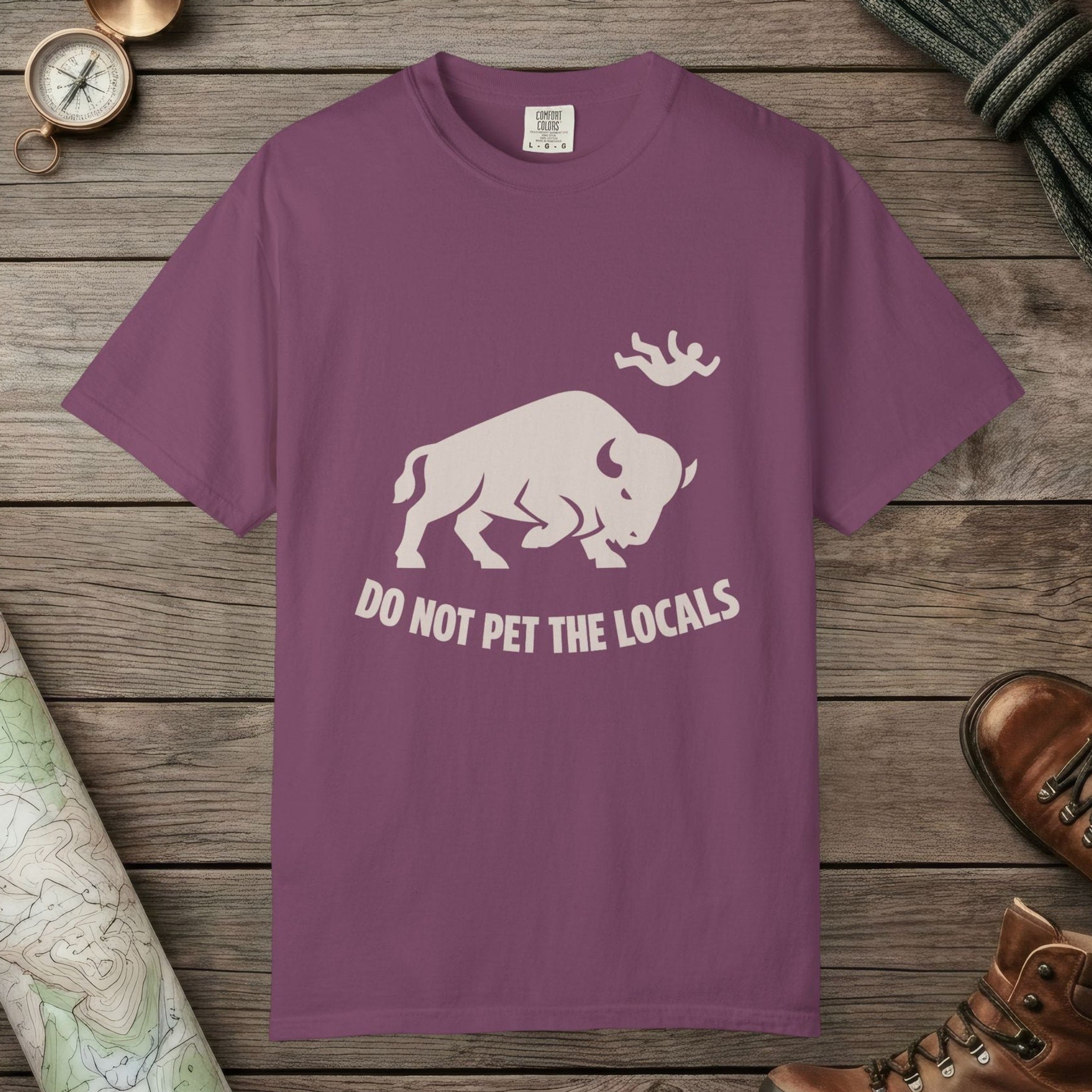 Berry color unisex graphic t-shirt with "Bison Attack" design