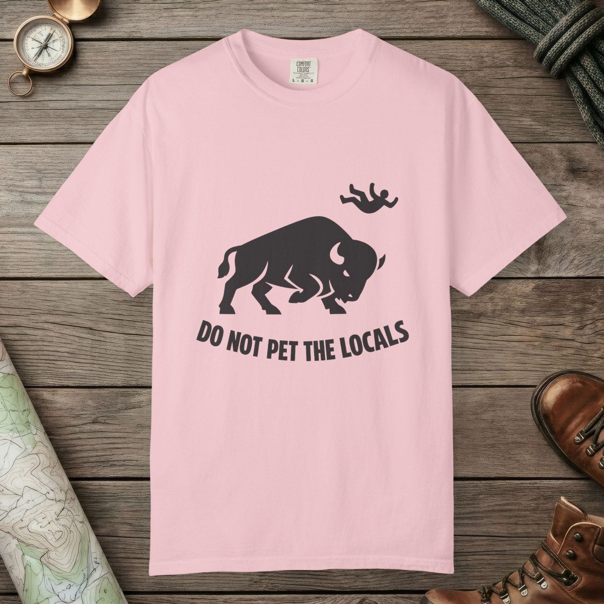 Blossom color unisex graphic t-shirt with "Bison Attack" design