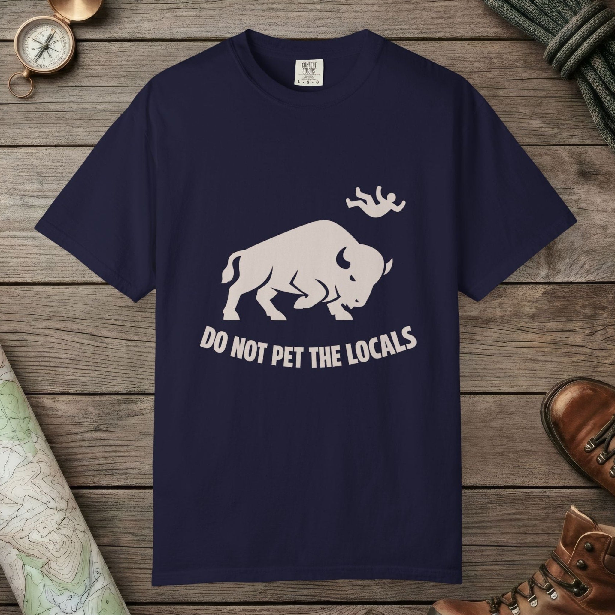 True Navy color unisex graphic t-shirt with "Bison Attack" design
