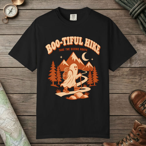 Black color unisex graphic t-shirt with "Boo-tiful Hike" design