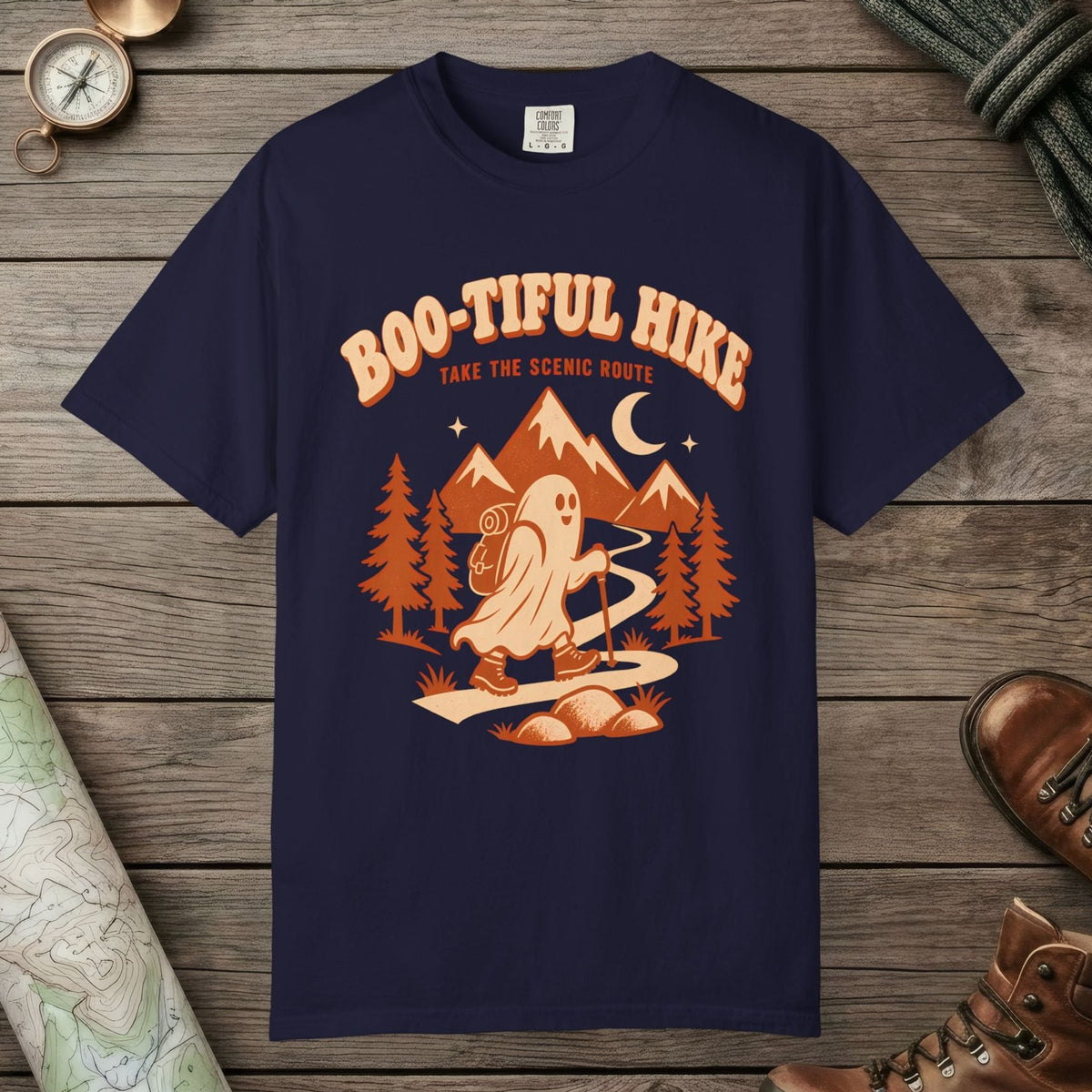 True Navy color unisex graphic t-shirt with "Boo-tiful Hike" design