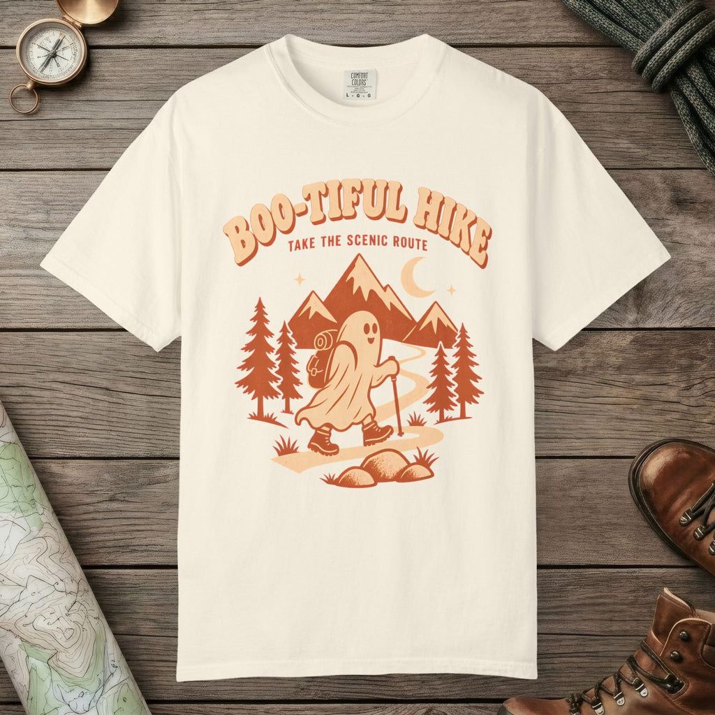 Ivory color unisex graphic t-shirt with "Boo-tiful Hike" design