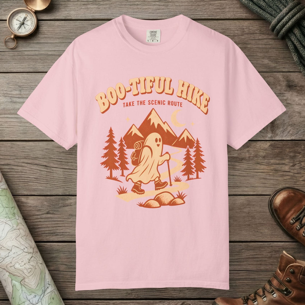 Blossom color unisex graphic t-shirt with "Boo-tiful Hike" design