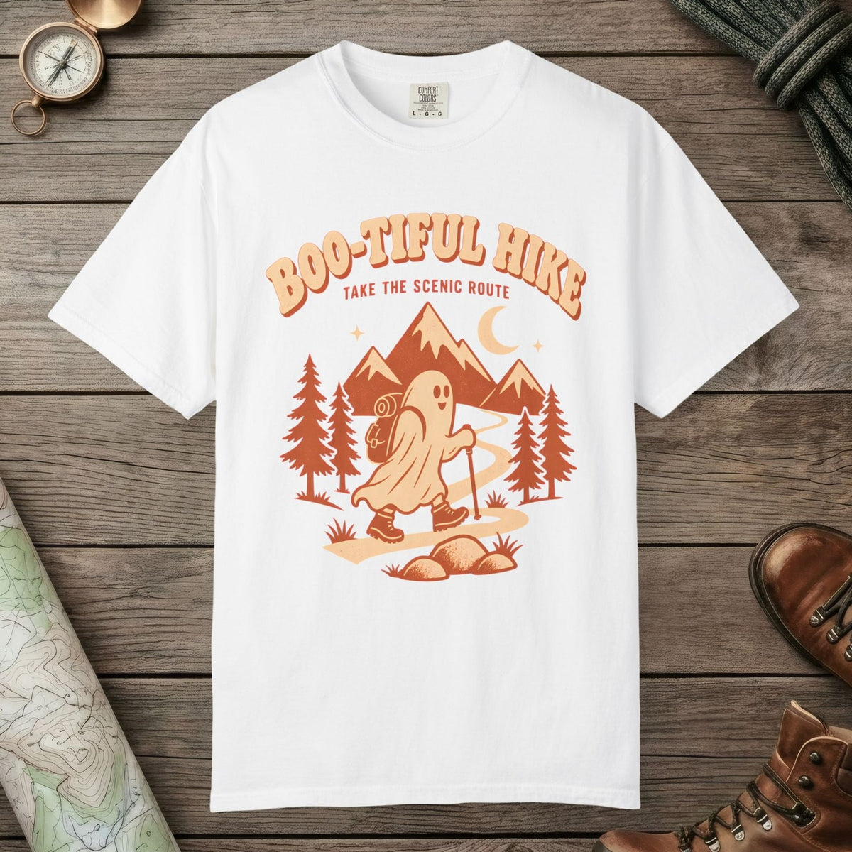 White color unisex graphic t-shirt with "Boo-tiful Hike" design