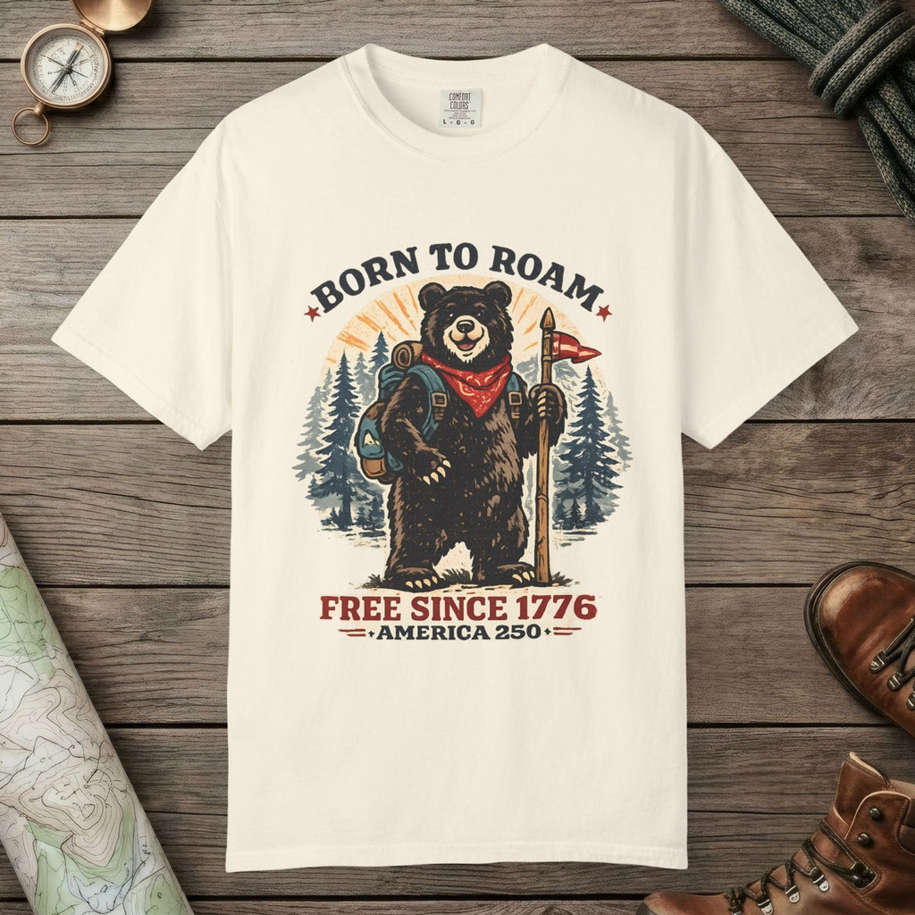 Ivory color unisex graphic t-shirt with "Born To Roam Bear" design