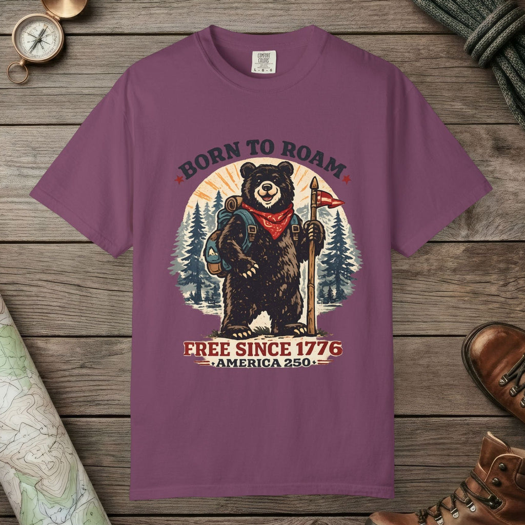 Berry color unisex graphic t-shirt with "Born To Roam Bear" design