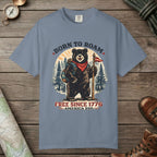 Blue Jean color unisex graphic t-shirt with "Born To Roam Bear" design