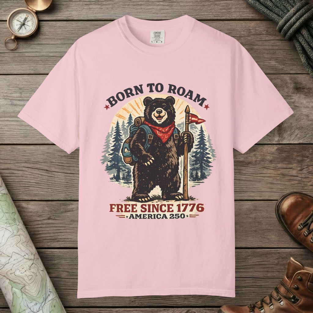 Blossom color unisex graphic t-shirt with "Born To Roam Bear" design