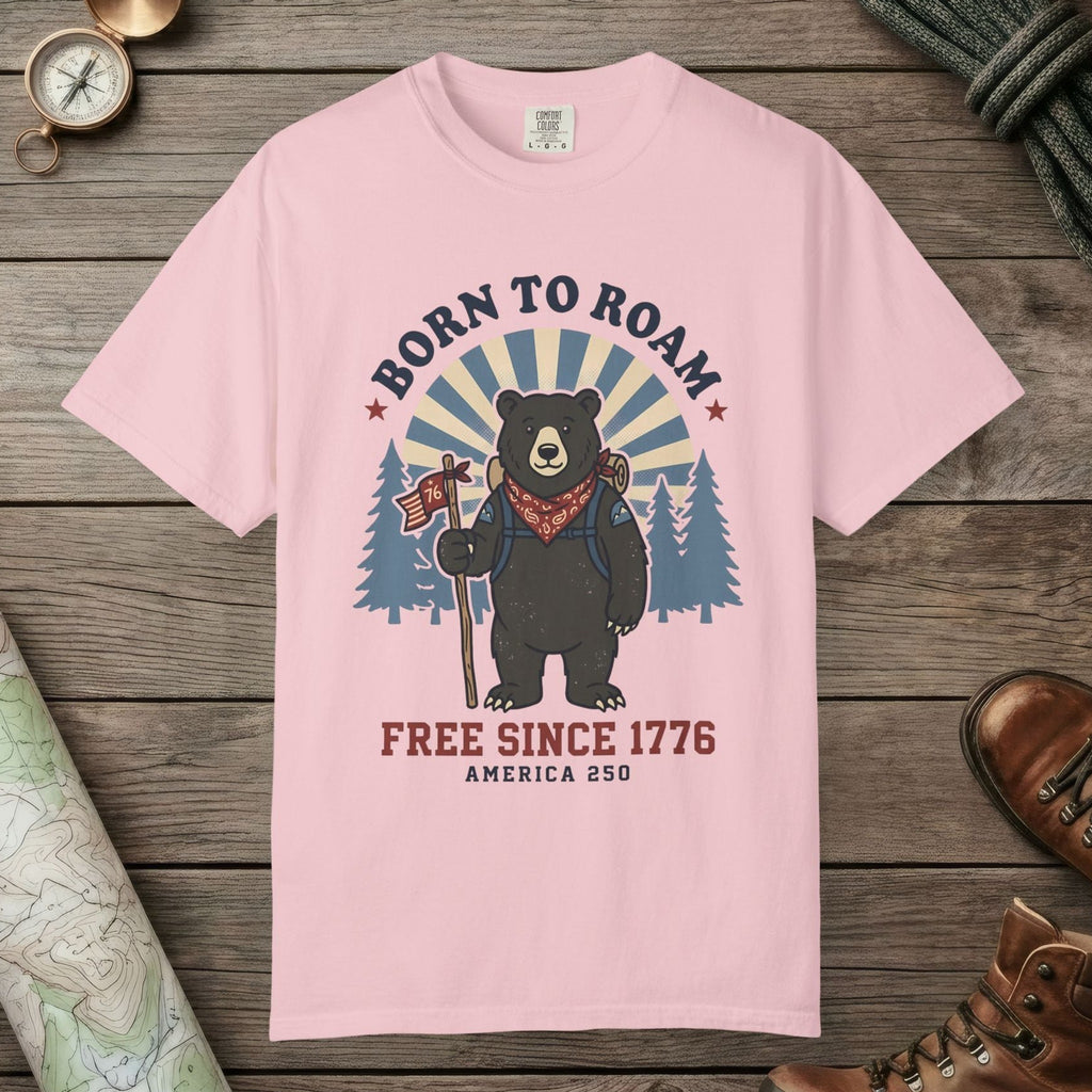Blossom color unisex graphic t-shirt with "Born To Roam" design