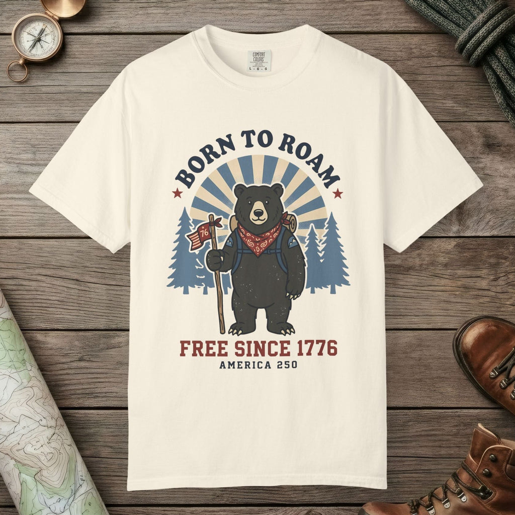 Ivory color unisex graphic t-shirt with "Born To Roam" design