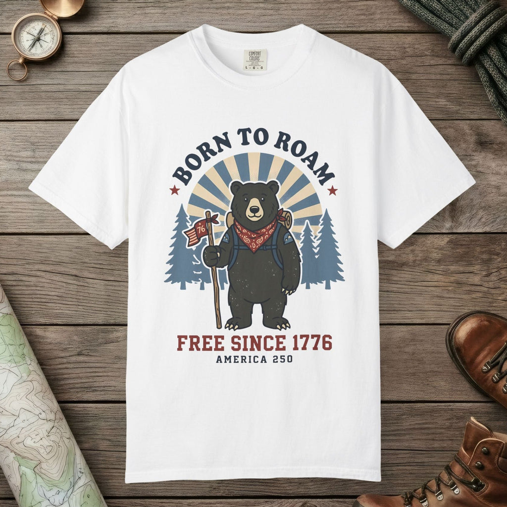 White color unisex graphic t-shirt with "Born To Roam" design