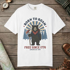 White color unisex graphic t-shirt with "Born To Roam" design