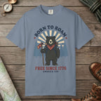 Blue Jean color unisex graphic t-shirt with "Born To Roam" design