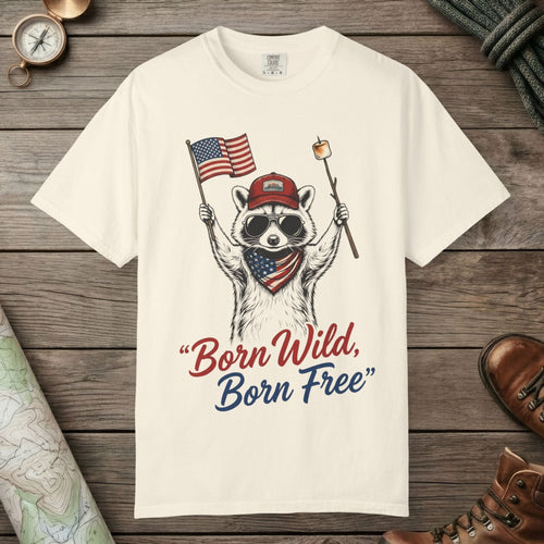 Ivory color unisex graphic t-shirt with "Born Wild Raccoon" design