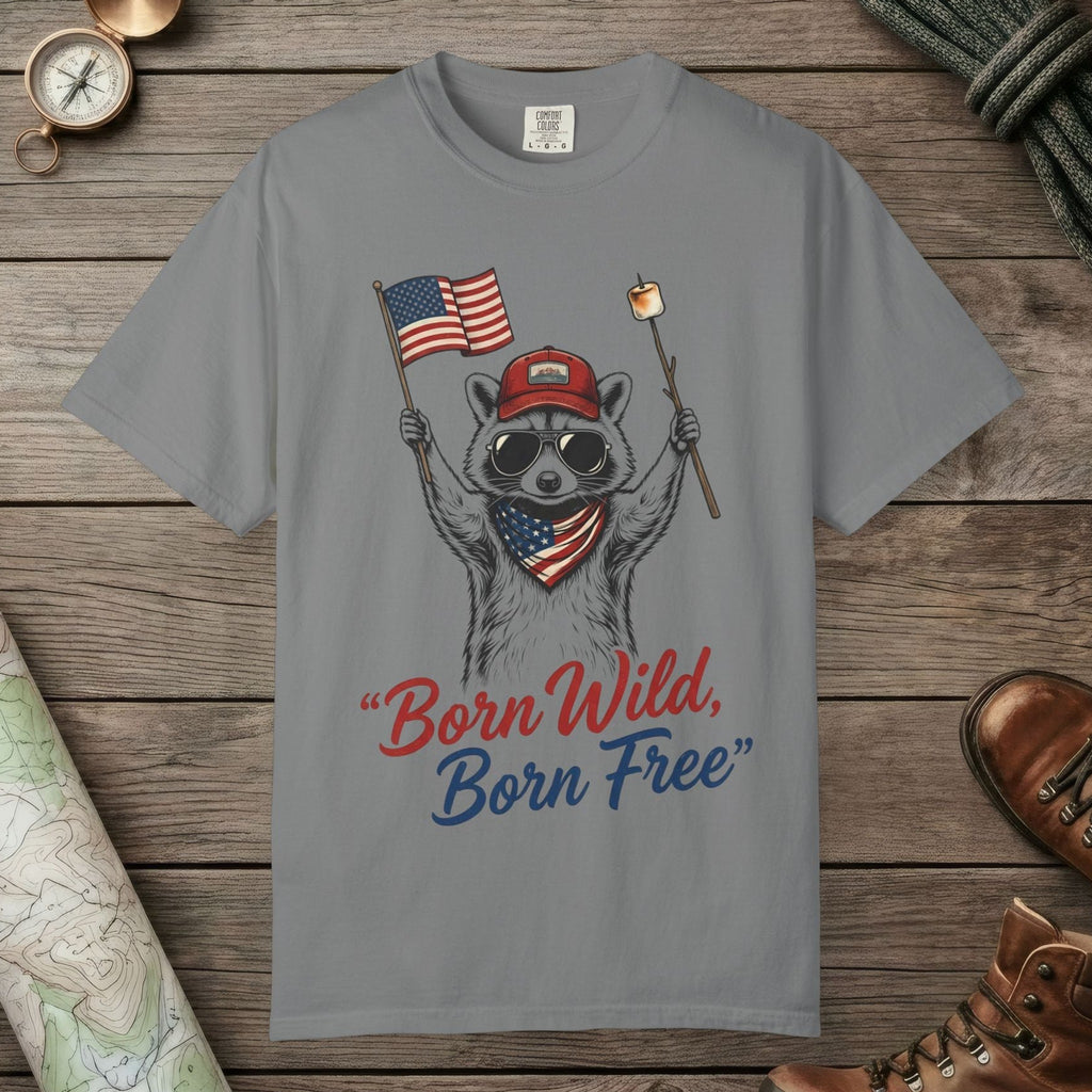 Grey color unisex graphic t-shirt with "Born Wild Raccoon" design
