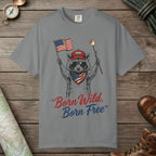 Grey color unisex graphic t-shirt with "Born Wild Raccoon" design