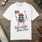 White color unisex graphic t-shirt with "Born Wild Raccoon" design