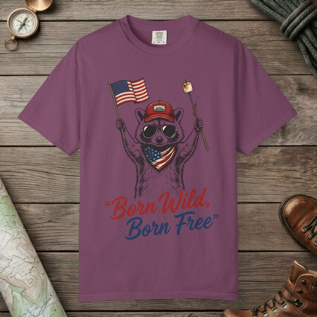 Berry color unisex graphic t-shirt with "Born Wild Raccoon" design