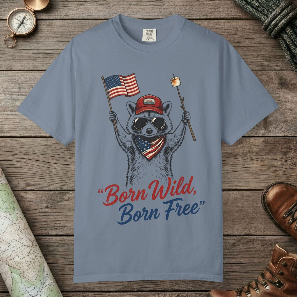 Blue Jean color unisex graphic t-shirt with "Born Wild Raccoon" design